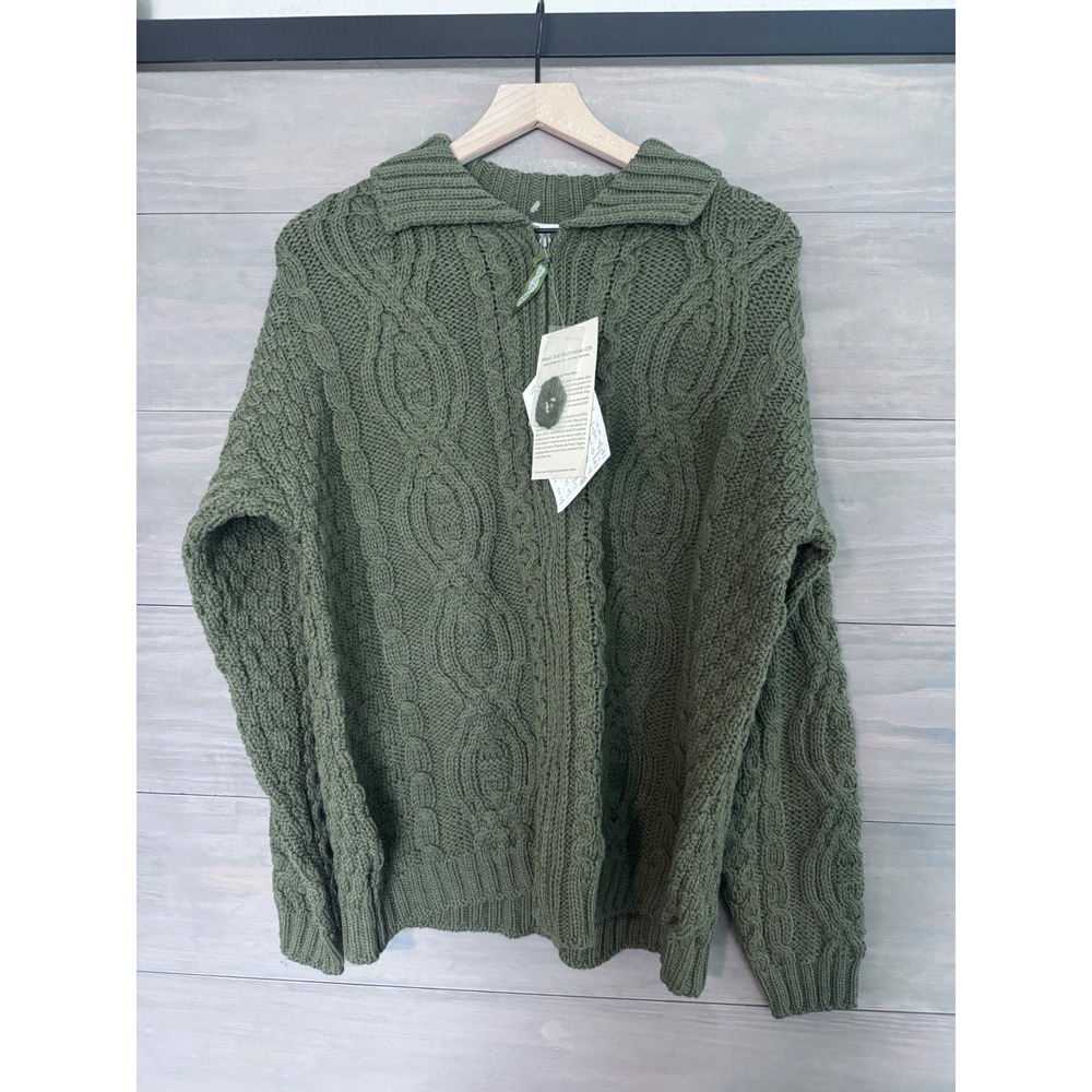 Aran Crafts Ireland 100% Merino Wool‎ Cable Knit Full Zip Sweater Olive Green M